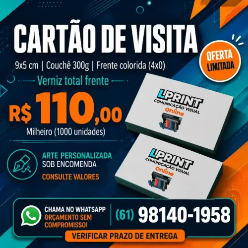 Cartões de Visita 9x5 cm, Papel Couchê 300 g,
