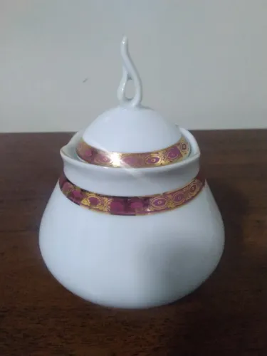 Açucareiro porcelana Real branca com detalhes em bordô e dourado