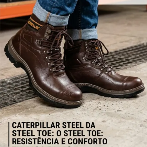 Bota Steel Dia a Dia CAT Couro Legítimo Masculino Castanho e Avelã Estilo Robusto Versátil