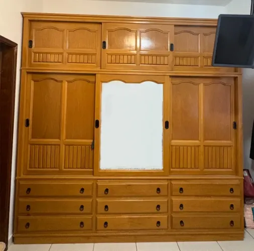 Guarda Roupa Casal 2,55m Madeira Duplex 3 Portas de Correr 9 Gavetas Veneziana