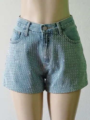 Short jeans feminino yamamay cintura alta bolsos laterais frente e costas com brilho