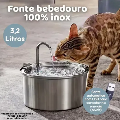 100% Inox - Fonte Bebedouro com Fio para Pets - Bivolt 3,2L