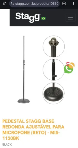 Pedestal Microfone Stagg<br>REDONDA AJUSTÁVEL PARA<br>MICROFONE (RETO)-MIS-<br>1120BK<br>BLACK