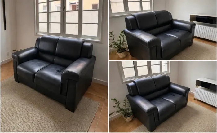 Sofá 2 Lugares em Couro / Material Sintético Preto - Confortável e Robusto