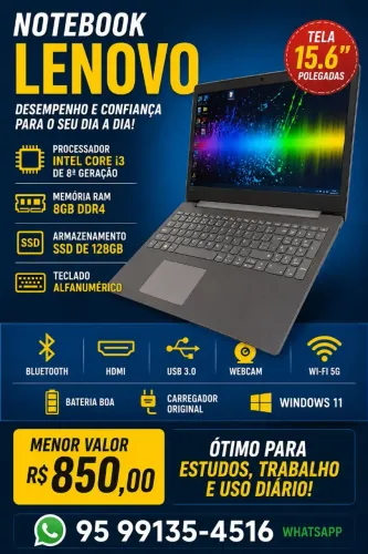 Notebook Lenovo com processador Intel Corei3 de 8 geração, SSD nvme de 128 gigas, 8 gb ram