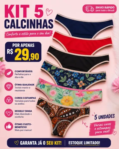 ? QUEIMA DE ESTOQUE! Kit 5 Calcinhas R$35