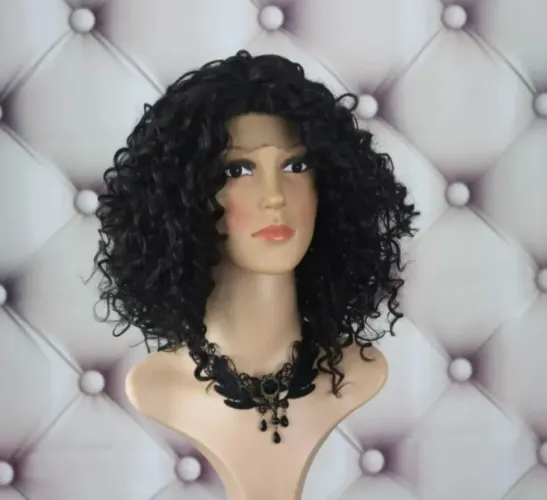 Peruca  Lace Front Afro Cacheada Negra - Sintética - 100% Lace Front