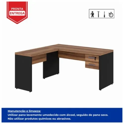 Mesa de Escritório em L com Gavetas 1,50m + Mesa Auxiliar Nogal Sevilha/Preto 21477