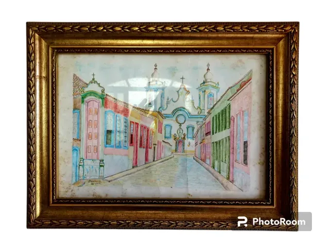 quadro pintura barroca assinada aquino 2003 pintura em lápis de cor