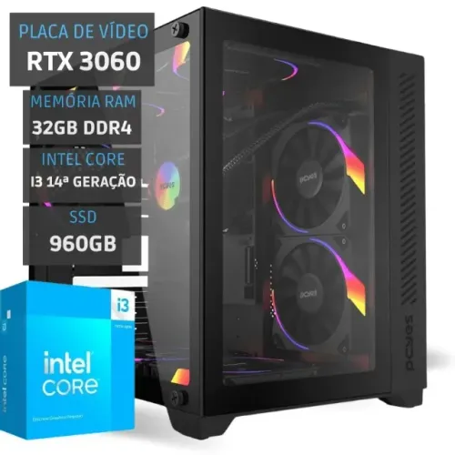 PC Gamer Intel Core i3 14100F, RTX 3060 12Gb, 32Gb DDR4, SSD 960Gb, Novo Loja Coimbra