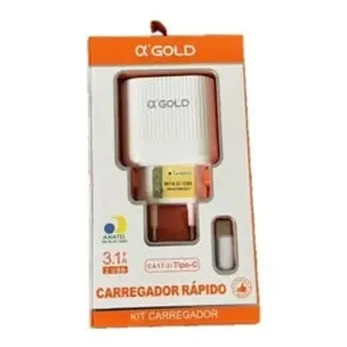Kit Carregador com Fonte com 2 entradas USB e Cabo Tipo C 3.1A - a'Gold