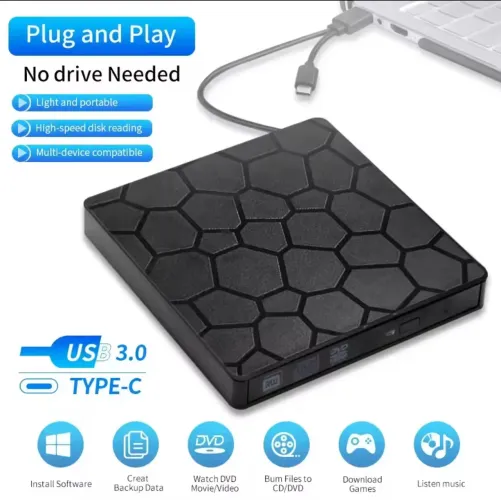 Gravador de DVD RW Externo Portátil, 2in 1, USB 3.0, Tipo C
