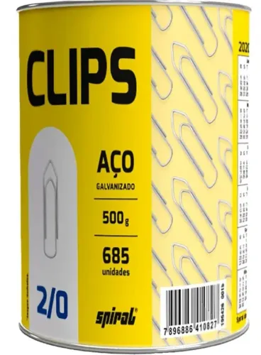 Clips número 2/0 galvanizado, Lata com 500g, Spiral