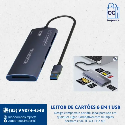 Leitor de Cartões 6 em 1 USB 2.0 para SD, TF, XD, CF e M2