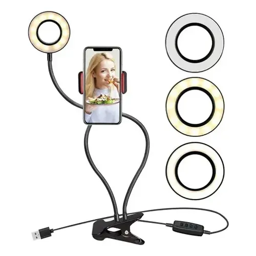 Suporte Celular De Mesa Luminária Ring Light Led Selfie Estrutura Preto Luz Branco-quente