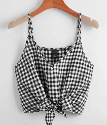 Top cropped xadrez preto e branco