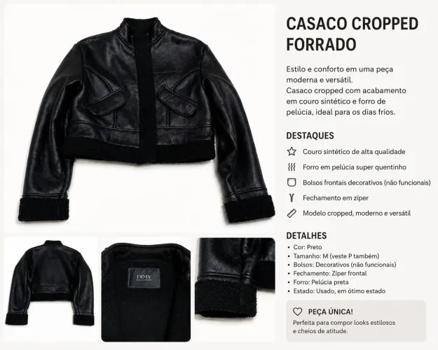 Casaco Cropped DIMY Preto Forrado com Pelúcia