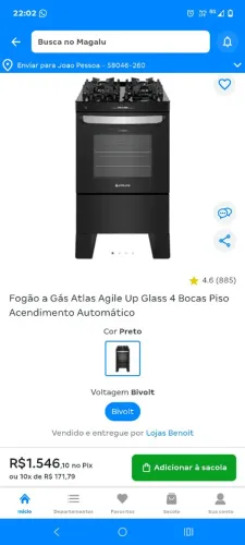 Fogão a Gás Atlas Agile Up Glass 4 Bocas Piso Acendimento Automático