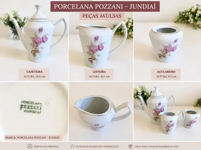 Conjunto Antigo de Porcelana Pozzani Jundiaí Floral - Vintage - 3 Peças