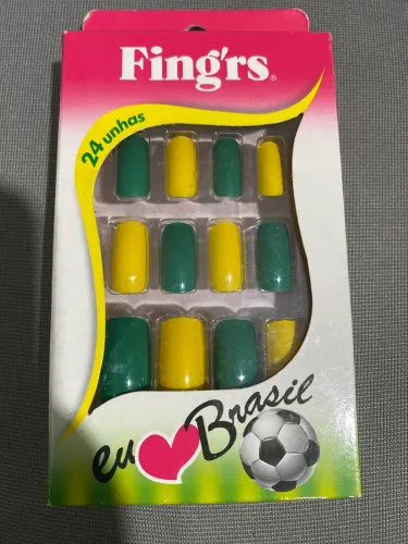 Unhas postiças verde e amarela Fing?rs 24 unhas Eu amo o Brasil ?