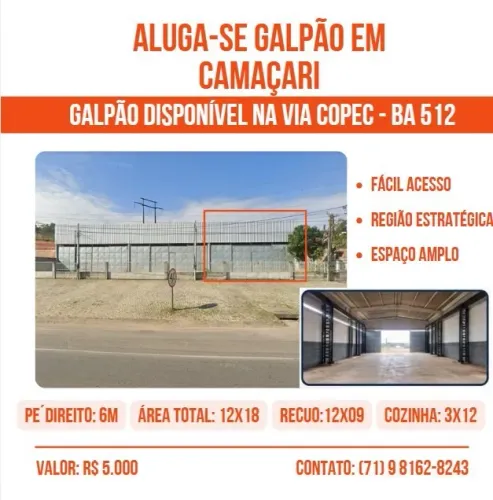 Galpão pra locação em Camaçari, 216m2