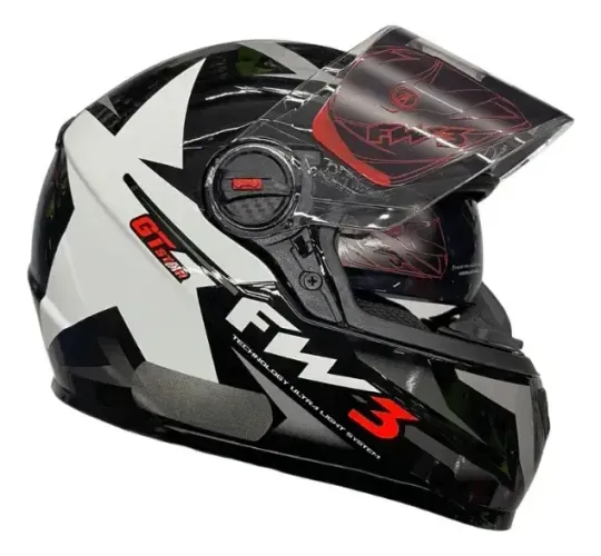 Capacete FW3 GTX Star Preto e Branco Grafite Óculos Interno 58 - Na caixa