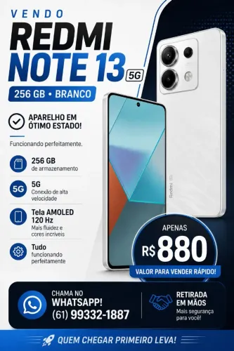 Redmi Note 13 5G 256GB Branco - R$ 880 | Oportunidade!