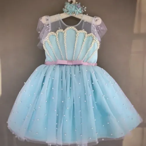 Vestido Fundo Do Mar Azul De Pérolas Luxo - Tam. 1 (Usado)