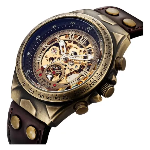 Relógio à corda, dourado e pulseira de couro