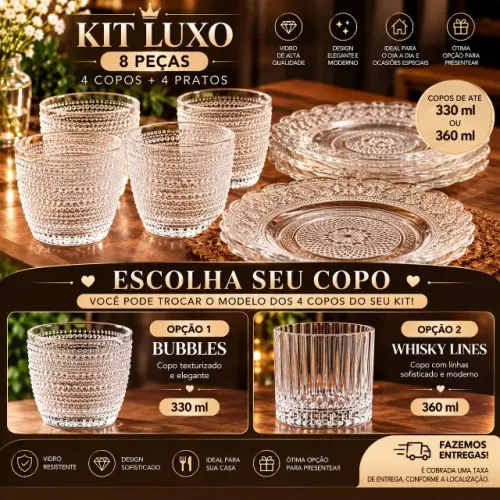 Kit luxo 8 peças em Cristal resistente - Elegância para a sua mesa - A pronta entrega