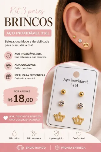Kit 3 pares de brincos