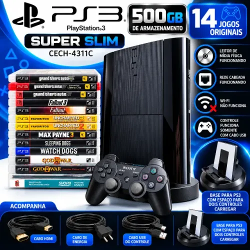 PS3 Super Slim 500GB + Controle + 14 Jogos Originais + Base | GTA, God of War, Uncharted