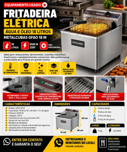 FRITADEIRA ELÉTRICA ÁGUA E ÓLEO 18 LITROS - METALCUBAS GFAO 18 M