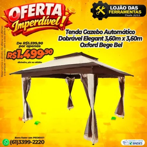 Tenda Gazebo Automático Dobrável Elegant 3,60m x 3,60m Oxford Bege Bel
