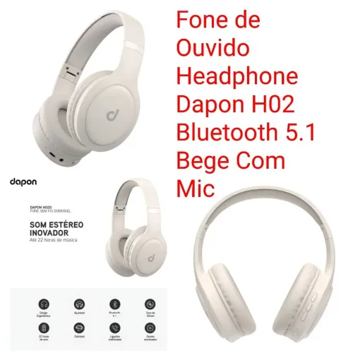 Fone de Ouvido Headphone Dapon H02 Bluetooth 5.1 Bege Com Mic