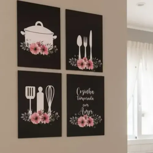 kit 3 quadros cozinha rosa ou Preto MDF 3mm