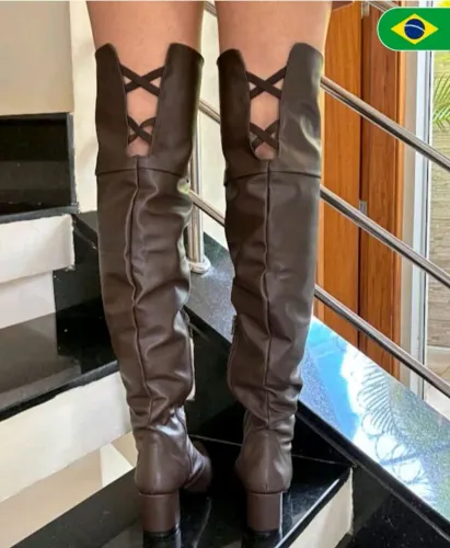  Bota Feminina Elegante  Cano Alto Salto Grosso Bico Fino 