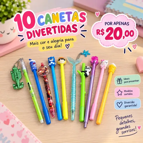 Kit com 10 canetas divertidas