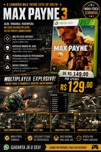 Jogo Max Payne 3 Lendário jogo de Ação da RockStar para Xbox 360 Colecionador $ Liquido!