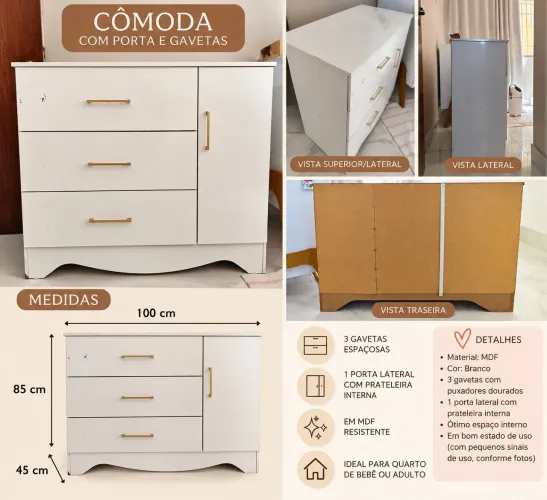 CÔMODA BRANCA COM 3 GAVETAS E 1 PORTA