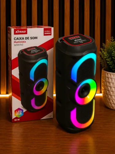 Caixa de Som Xtrad 50W Bluetooth RGB USB e Rádio FM + Frete Grátis