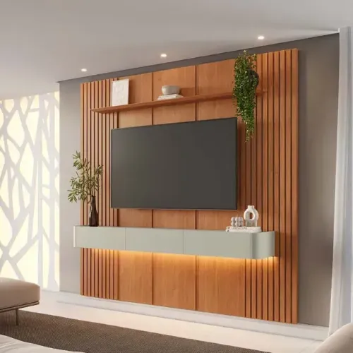 Painel para TV com detalhe ripado e nicho com 3 gavetas