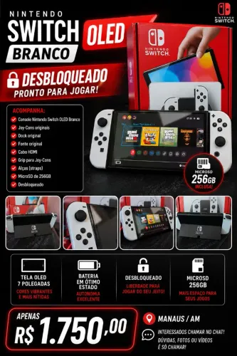 Nintendo Switch OLED Branco Desbloqueado + MicroSD 256GB
