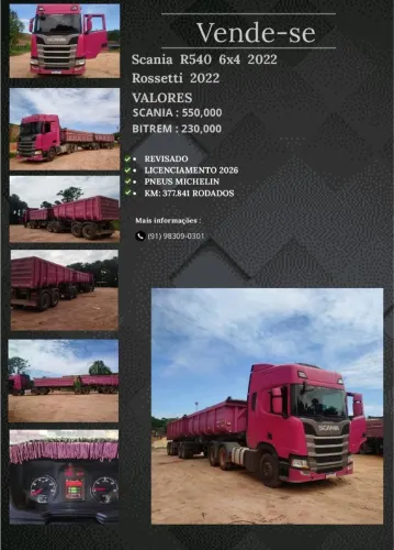 Scania R540 modelos 2021 e 2022, Volvo FH 460 2013 e Mercedes Axor 3344s