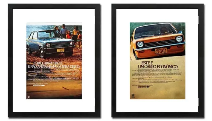 Chevette Tubarão 1973, 1974 - Kit 2 quadros decorativos com propaganda original de revista
