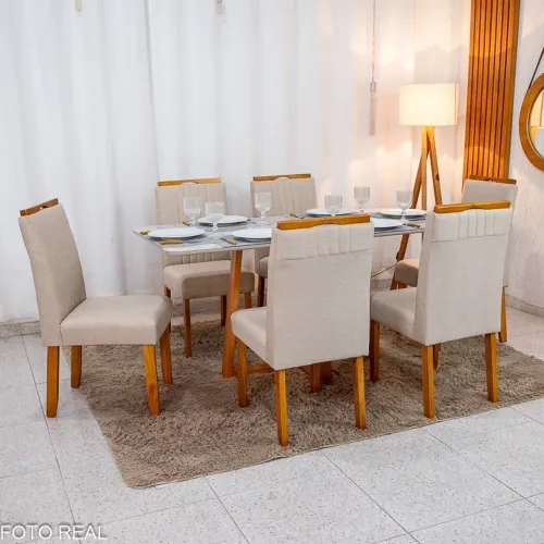 Mesa de Jantar 160×80 Vidro Off/Base Madeira + 6 Cad. Atlanta Linho Bege tt87