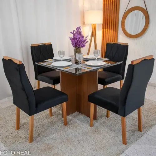 Mesa de Jantar Helo 90×90 Tmp MDF Vidro Preto 4 Cad. Lisboa Veludo Preto