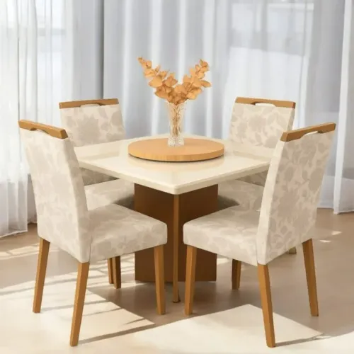 Mesa Salinas 90 Cinamomo/Off White com 4 Cadeiras Priscila 