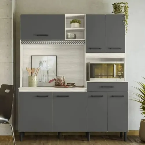 "Beleza e Praticidade: Armário de Cozinha Yara 7 Portas em Bianco/Chumbo - Montagem Grátis