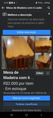Mesa de Madeira com 6 cadeiras